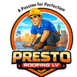 Presto Roofing LV logo with an illustrated roofer and Las Vegas skyline