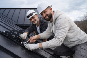 Two roofing professionals installing snow guards on a black metal roof