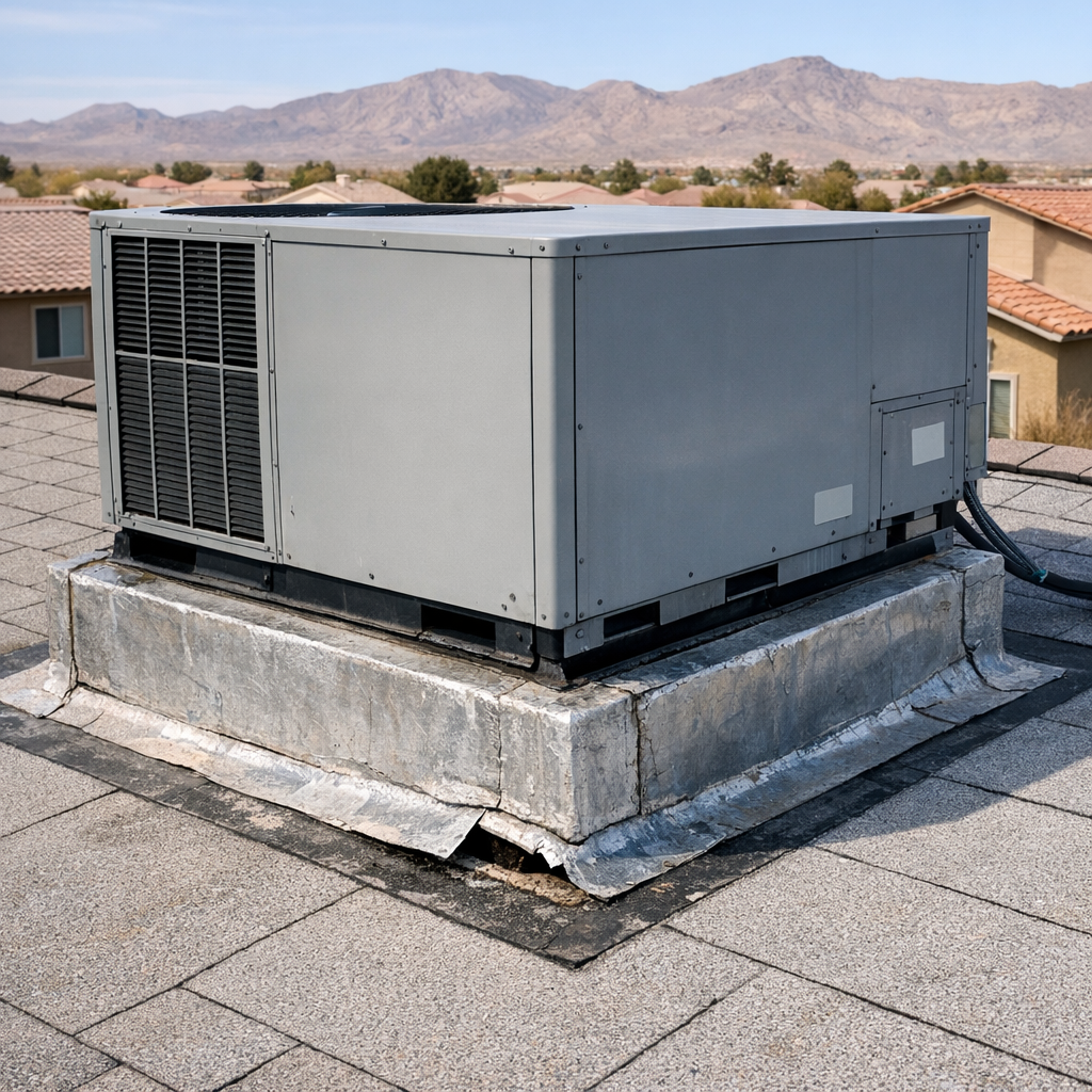 Rooftop AC unit and weathered curb flashing on a Las Vegas low-slope roof