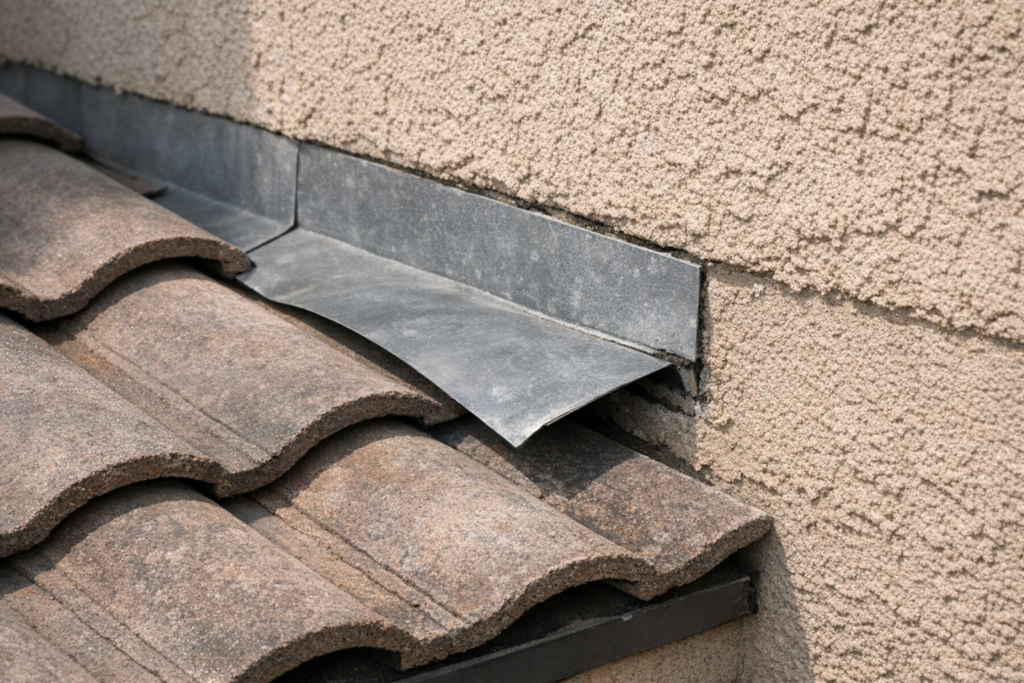 Illustration of a lifted metal flashing edge at a concrete tile roof and stucco wall junction.