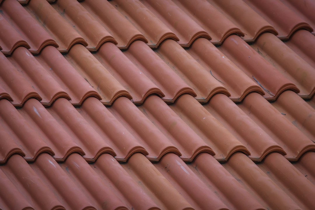 Close-up of overlapping terracotta roof tiles. Illustration accompanying ventilation information.