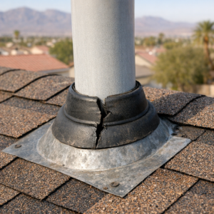 Cracked pipe boot collar around a vent pipe on a shingle roof