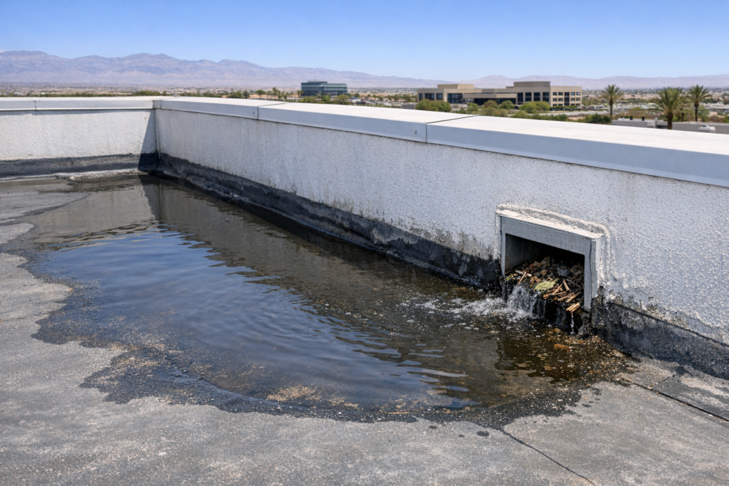 Flat commercial roof with water ponding near a parapet and a blocked roof scupper in Summerlin