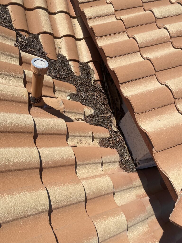 Leaf debris in a tile roof valley beside a vent pipe