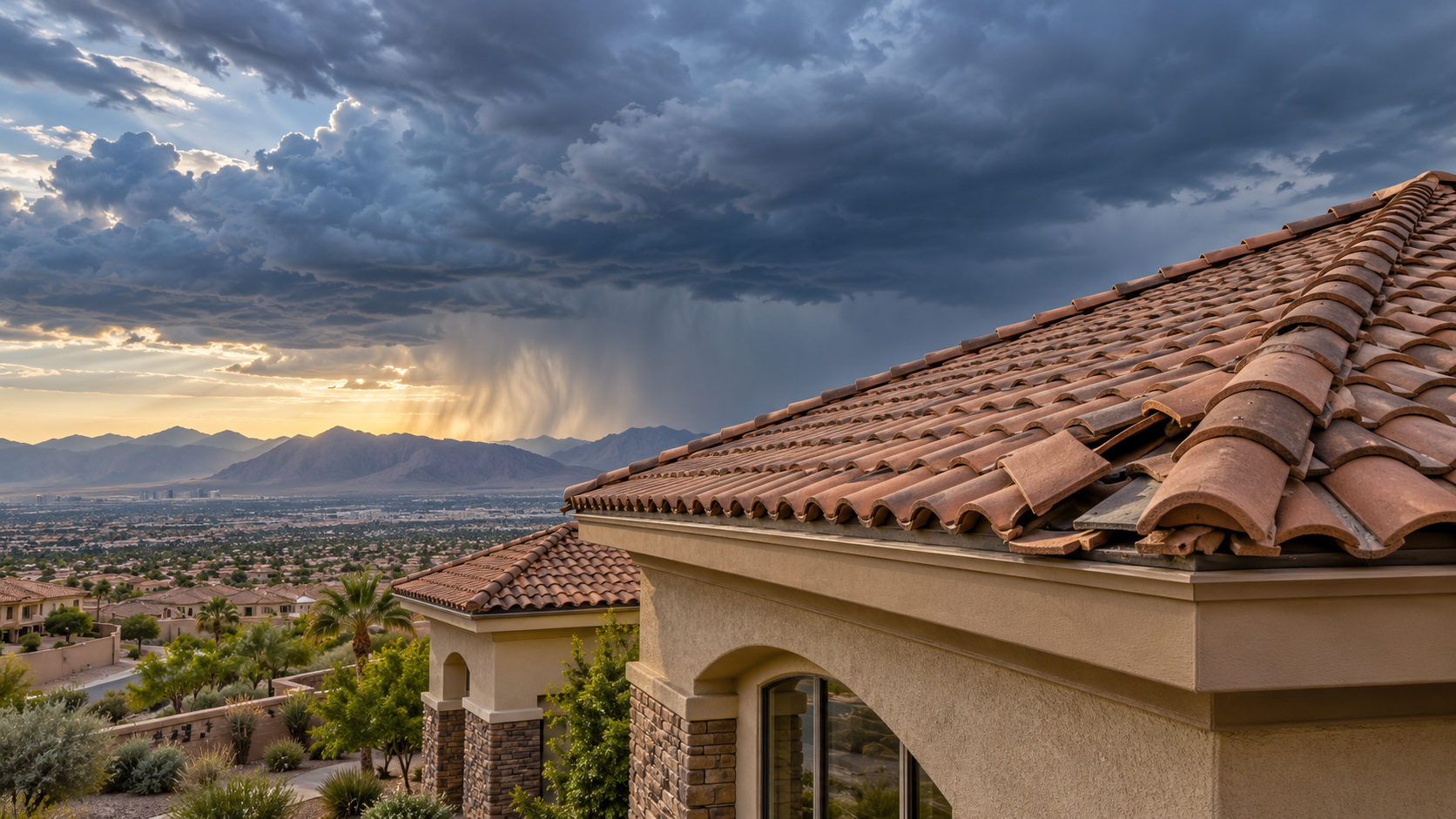 Storm damage in Las Vegas illustration showing clouds above a tile roof with displaced tiles